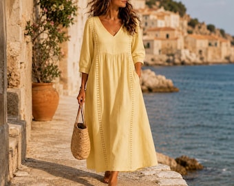Gelbes Leinen-Midikleid mit Taschen, Boho-Sommerkleid für Strand und Garten, perfektes Geschenk für Damen