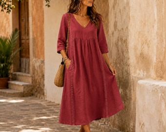 Magenta Linen Midi Dress with Pockets, Wedding Guest Summer Dress for Women, Boho Beach Vacation Sundress, Travel Gift
