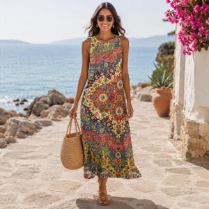 Peut inclure: Une robe longue sans manches au motif kaléidoscopique multicolore vif dans des tons de rouge, jaune, bleu et vert. La robe présente une encolure ronde et une silhouette droite, accompagnée d'un sac fourre-tout en paille tressée.