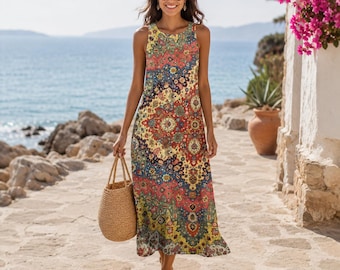 Abito lungo boho da donna, abito estivo senza maniche da spiaggia, prendisole bohémien per le vacanze, abito lungo copricostume stampato, regalo per le vacanze