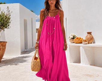Rosa Boho-Maxikleid für Damen, Sommerkleid für Strand und Partys, rückenfreies, fließendes Urlaubskleid, auffälliges langes Festkleid, Geschenkidee