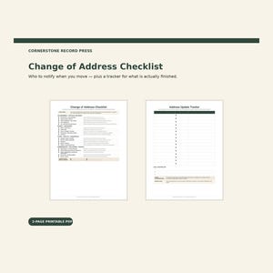 Op de afbeelding: Een 2-pagina's tellend printbaar PDF-document getiteld Change of Address Checklist en Address Update Tracker. Het bevat een lijst met instanties om te informeren bij een verhuizing en een tabel om de voortgang bij te houden.