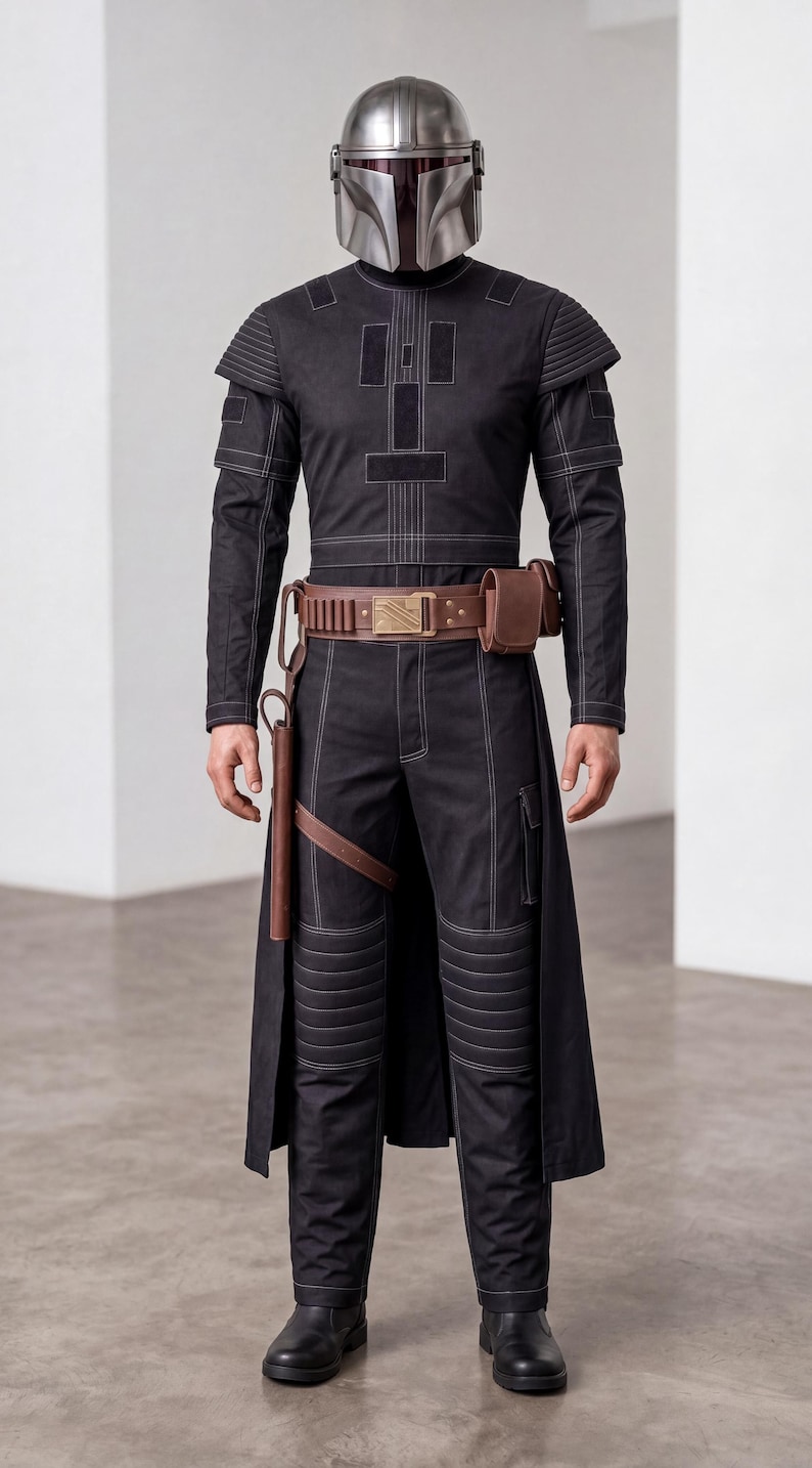 Op de afbeelding: Een zwarte jumpsuit met lange mouwen en witte contraststiksels, voorzien van geribbelde schouder- en kniepanelen, een bruine leren utility-riem met metalen gesp, een holster en een tasje, gecombineerd met een zilverkleurige metalen helm.