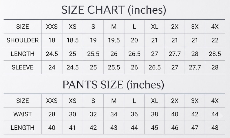 Op de afbeelding: Een maattabel in inches voor kleding, bestaande uit twee secties. Het bovenste gedeelte toont schouder-, lengte- en mouwmaten voor de maten XXS tot 4X. Het onderste gedeelte toont taille- en lengtematen voor broekmaten van XXS tot 4X.