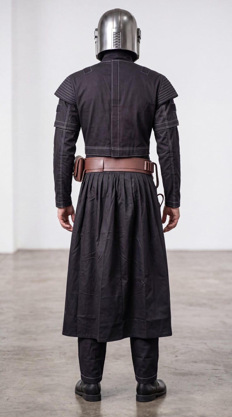 Op de afbeelding: Een volledig kostuum met een metallic zilveren helm, een zwart jasje met lange mouwen en witte contraststiksels, een bruine leren gereedschapsriem met tasjes, een lange zwarte geplooide rok, een zwarte broek en zwarte laarzen.