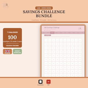 May include: A digital savings challenge bundle featuring a 100 envelope challenge tracker. The graphic includes text reading Savings Challenge Bundle, 7 Challenges, 100 envelopes, 52 weeks & more, UK Edition, Instant Download, GoodNotes, and PDF.