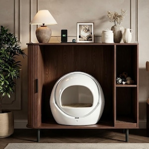 May include: A dark wood cabinet featuring a central open compartment housing a white, spherical, enclosed cat litter box. The cabinet includes a side section with two open shelves for storage and a flat top surface for displaying various home decor items.