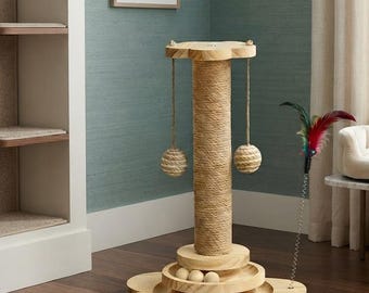 Wooden Cat Scratching Post, Sisal Scratcher Toy, Interactive Ball Track Tower