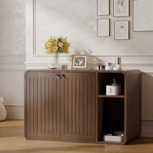 May include: A dark wood cabinet with two vertical slatted doors and a side open shelving unit. The cabinet features rounded corners, small dark knobs, and a smooth finish. The open shelf contains a white rectangular container and two metal bowls.
