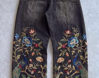 Jean paon brodé, pantalon esthétique vintage en denim floral, pantalon bohème large, streetwear cottagecore, cadeau pour elle
