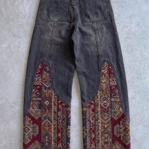 Custom Tapestry Patchwork Wide Leg Jeans, Boho Festival Clothing, Y2K Streetwear Pants