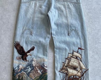 Pantalones vaqueros con bordado de tapiz, barco y águila / Vaqueros anchos holgados estilo Y2K / Pantalones con estampado náutico de paisaje de montaña, estilo streetwear