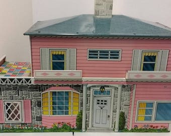 Vintage T. Cohn Pink Tin Litho Dollhouse -- 1950s, 5 Rooms and Patio, Front Door, Chimney & Window Boxes Intact