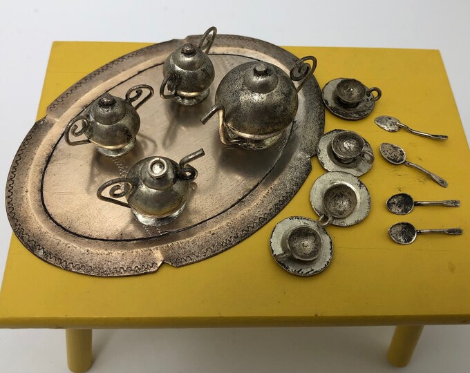 Vintage Miniature Silver Metal Tea Set Teapot, Creamer, Sugar Bowls