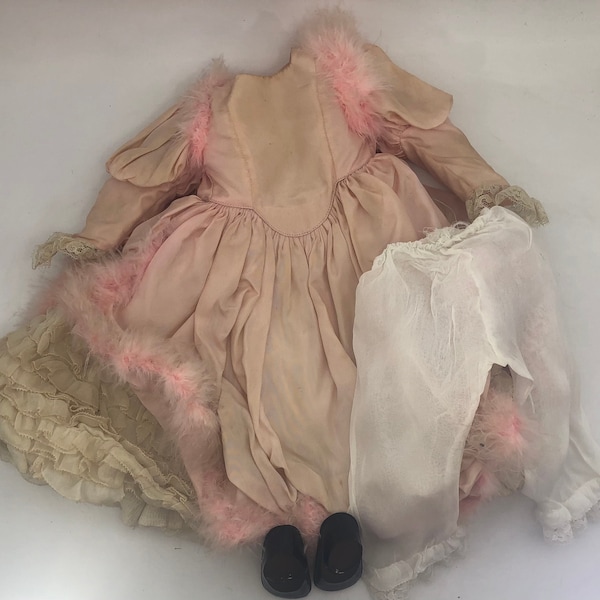 Vintage Furga Doll Gown -- Fancy Pink Dress with Feather and Lace Trim, Ruffled Underskirt, White Bloomers and Black Shoes, 1970s, As Is