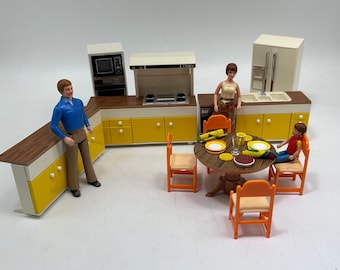 Vintage 1980s Tomy Dollhouse Kitchen - 3 Dolls, Table, 4 Chairs, Sink, Dishwasher, Stove, Oven, Refrigerator or Snack Bar, Stools, 3/4 Scale