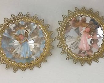 3 Vintage Plastic Christmas Angel Ornaments, Mirrore:  Pink and Blue with Gold Trim, 4.5 Inches, Jewel Brite? Midcentury Holiday Decor