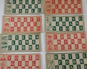 12 Vintage Word Lotto / Bingo Cards from 1930s or 1940s Game-- Red and Green, Great Graphics, for Paper Crafts, Ephemera or Game Collector