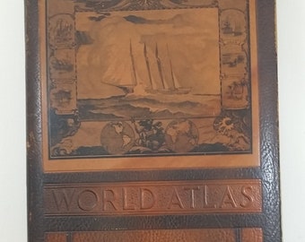 Vintage Book: 1943 Rand McNally World Atlas, Readers Edition, WWII Era, Leather Cover, Complete but Only Fair Condition, 2 Page Maps