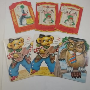 6 Vintage Tarjetas de Cumpleaños para Niños -- 1960s, Circus Monkeys and Seal, Cowboys y Owl Follow the Dot Cards, No Envelopes