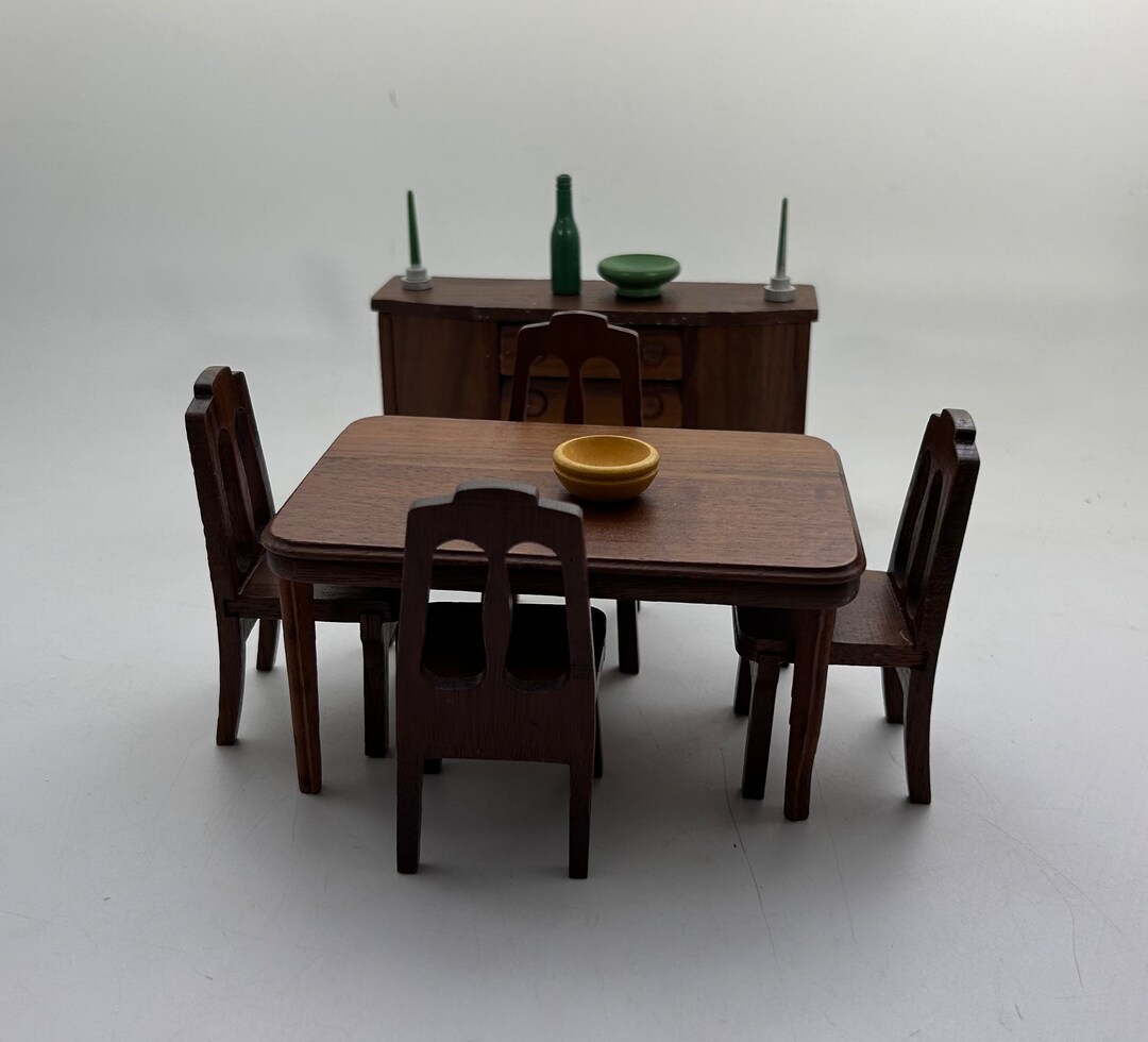 Vintage Wooden Dollhouse Dining Room Furniture Walnut Table Etsy