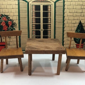 Vintage  Dollhouse Wooden Kitchen or Dining Room Furniture -- Table and 2 Chairs -- 1960s-1970s, Midcentury, 1;12 Scale, for Play or Display