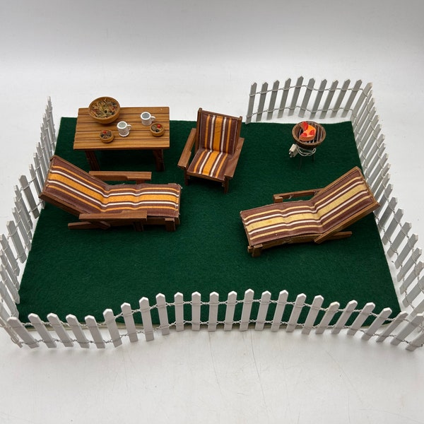 Vintage Lundby Dollhouse Patio / Garden Furniture - Chaise Lounge, Chair, Table, Grill, Fence, 1:16 or 3/4 Scale, 1980s, for Play or Display