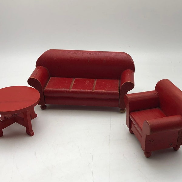 Vintage Wooden Dollhouse Furniture -- Red Living Room  Couch / Sofa, Chair, Table, 1930s - 1940s, 1:12 Scale, May be Strombecker