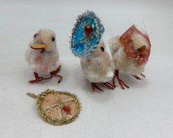 3 Vintage Chenille Chicks or Ducks with Hats, Scarves, Parasol, 1940s-1950s -- for Easter, Spring Crafts, Display, Diorama, As Is