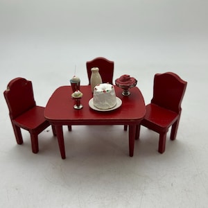 Vintage Wooden Dollhouse Furniture: Strombecker Style Red Kitchen Table and 3 Chairs, with Desserts, Food, 3/4 Scale, 1940s-50s, Midcentury