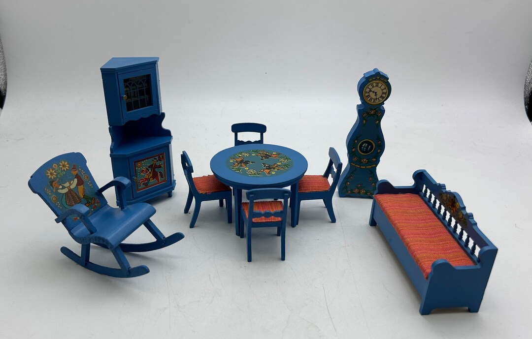 Vintage Wooden Lundby Dollhouse Furniture, Blue Corner Round Table, 4 Chairs, Rocker