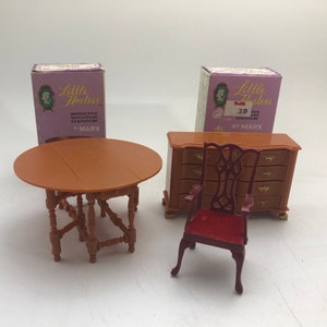 Vintage Marx Little Hostess Dollhouse Furniture - Gate Leg Table, Block Front Chest of Drawers, Chair, Some Boxes, 1960s, 1:16 (3/4) Scale
