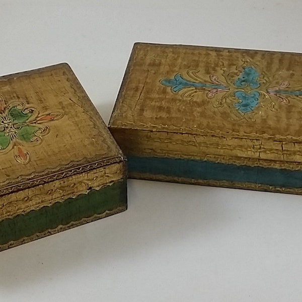 2 Vintage Venetian / Florentine Wood Boxes, Made in Italy,  Gold, Aqua and Green, Perfect for Desk, Dresser, Studio Small Storage