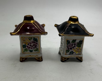 Set of Vintage Porcelain Pagoda Salt & Pepper Shakers, White, Gold, Black, Maroon, Lattice, Made in Japan, Table Decor, Collection, Display