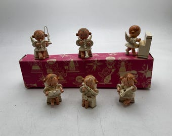 6 Vintage Wooden Angel Figures -- Musicians, Piano, 2 Inches, Made in Italy, 1960s, Original Box, Christmas Decor, Gift or Collection