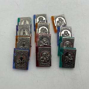 Vintage Boxes Depicting Immaculate Heart of  Mary, Fatima or St. Anthony with Jesus, Germany, Plastic, Aluminum, Tiny Gifts, Assemblage Art