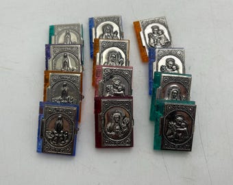 Vintage Boxes Depicting Immaculate Heart of  Mary, Fatima or St. Anthony with Jesus, Germany, Plastic, Aluminum, Tiny Gifts, Assemblage Art