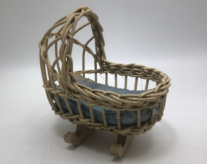 Vintage Wicker Baby Doll Cradle Doll Furniture, White Wicker With Blue