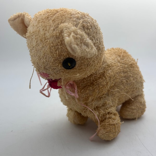 Vintage Stuffed Toy Cat -- Well-loved Scruffy Kitty, Terry Cloth, Button Eyes--  10 inches Long, Christmas Stocking Stuffer, Small Gift