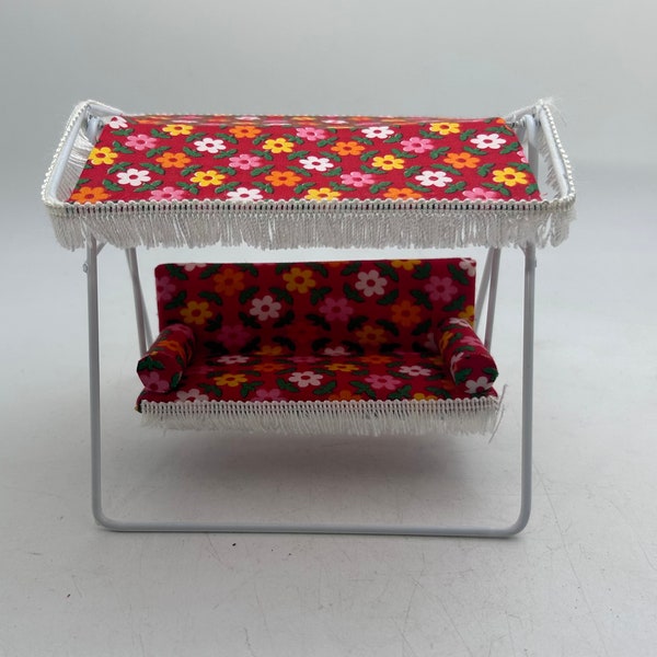 Vintage Metal Dollhouse Patio / Garden Furniture - Red Flower Print Swing with Canopy, 1:12 Scale, 1970s-1980s, Play, Display, Collection