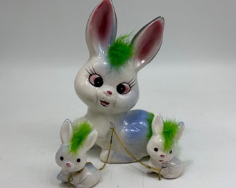 Vintage Blue Ceramic Bunny Rabbits, 2 Babies with Green Feathery Fur, Chained, 7 Inches Tall, 1950s-1960s Japan, Kitschy, Collection, As Is