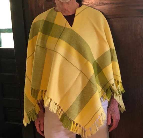Vintage Handwoven Wool Poncho - Yellow and Olive … - image 2
