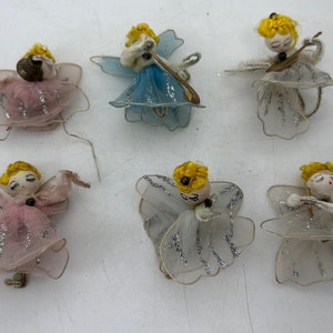 6 Vintage Angel Ornaments: Spun Cotton Heads, Net Gowns and Wings, Musical Insturments, White, Blue Pink, 1950s, Midcentury Christmas Decor