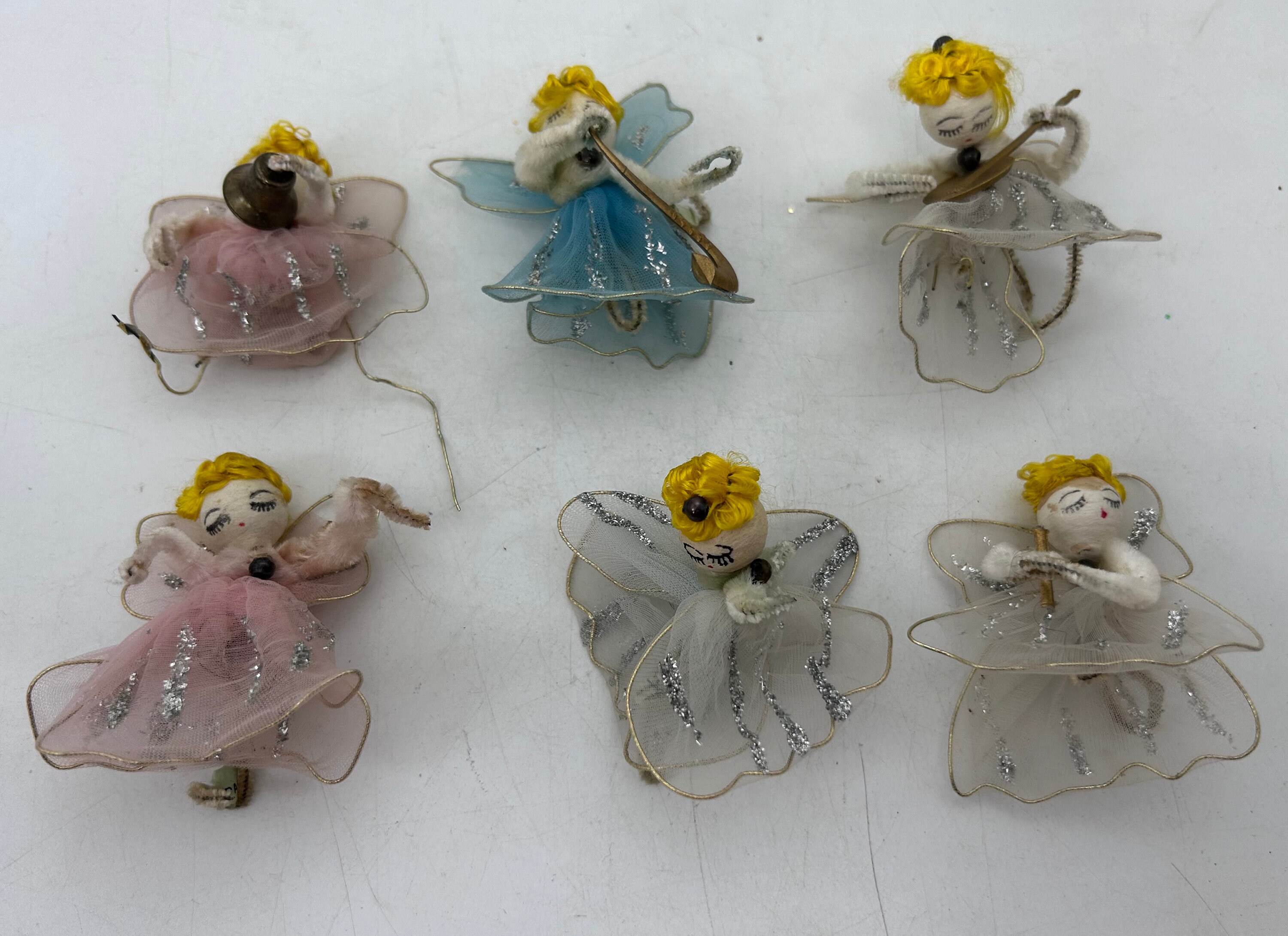 6 Vintage Angel Ornaments: Spun Cotton Heads, Net Gowns and Wings, Musical Insturments, White, Blue Pink, 1950s, Midcentury Christmas Decor