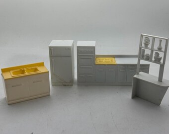Vintage Marx Plastic Kitchen Dollhouse Furniture: Midcentury Modern Stove, Sink, Refrigerator, Snack Bar, 1/2 Scale, Tin Litho, Imagination