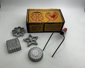 Vintage Northland Aluminum (NordicWare): Rosette / Timbale Iron, 4 Molds and Handle, Original Box, for Scandinavian Cookies or Patty Shells