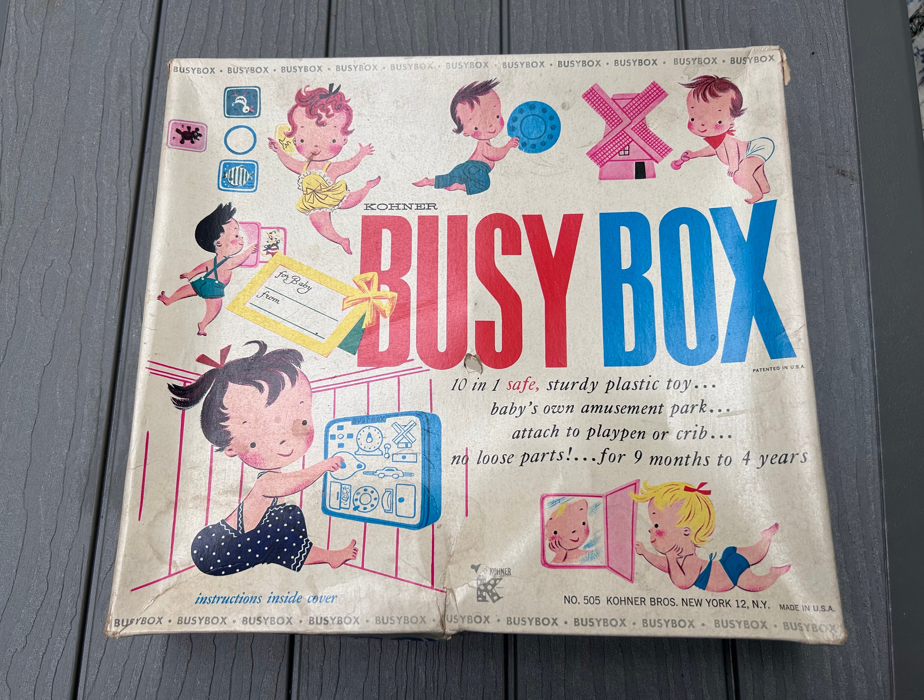 Vintage Kohner Busy Box, 1960s Baby Toy, Yellow, Red and Blue