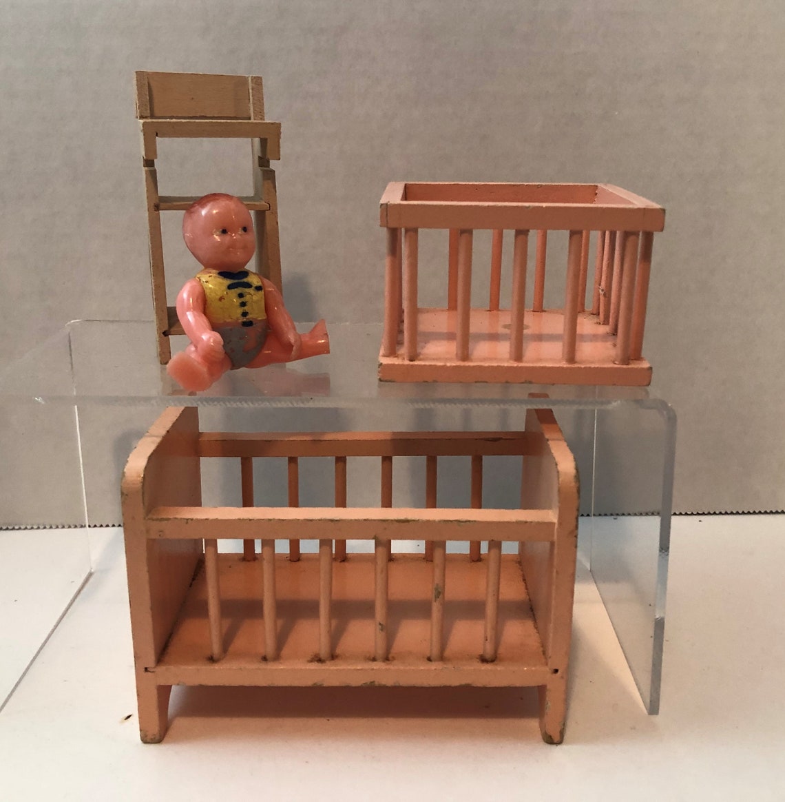 Vintage Pink Wooden Dollhouse Nursery Furniture Crib Etsy