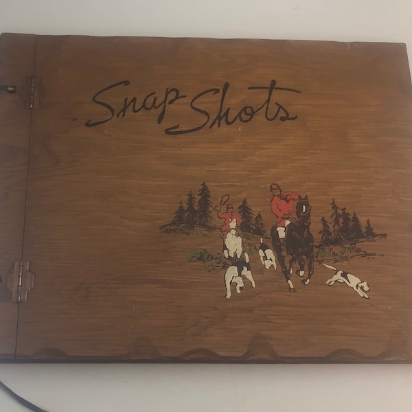 Vintage Snap Shots Photo Album, Rustic Hinged Wood Cover, Dogs and Horses, 12 by 9 Inches, 25 Blank Pages, Three Mountaineers Product, As Is