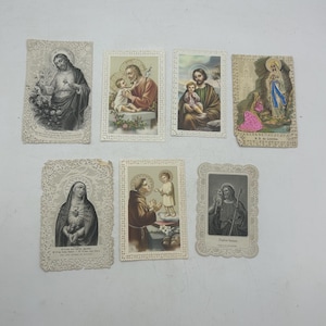7 Antique / Vintage Catholic Prayer, Holy Cards with Lace Edges: Blessed Virgin Mary, Sacred Heart of Jesus, Saint Joseph, Collection, Gift